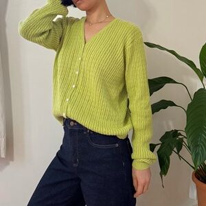 Vintage Jeanne Pierre 100% Cotton Cable Knit Button Front Green Cardigan Size S